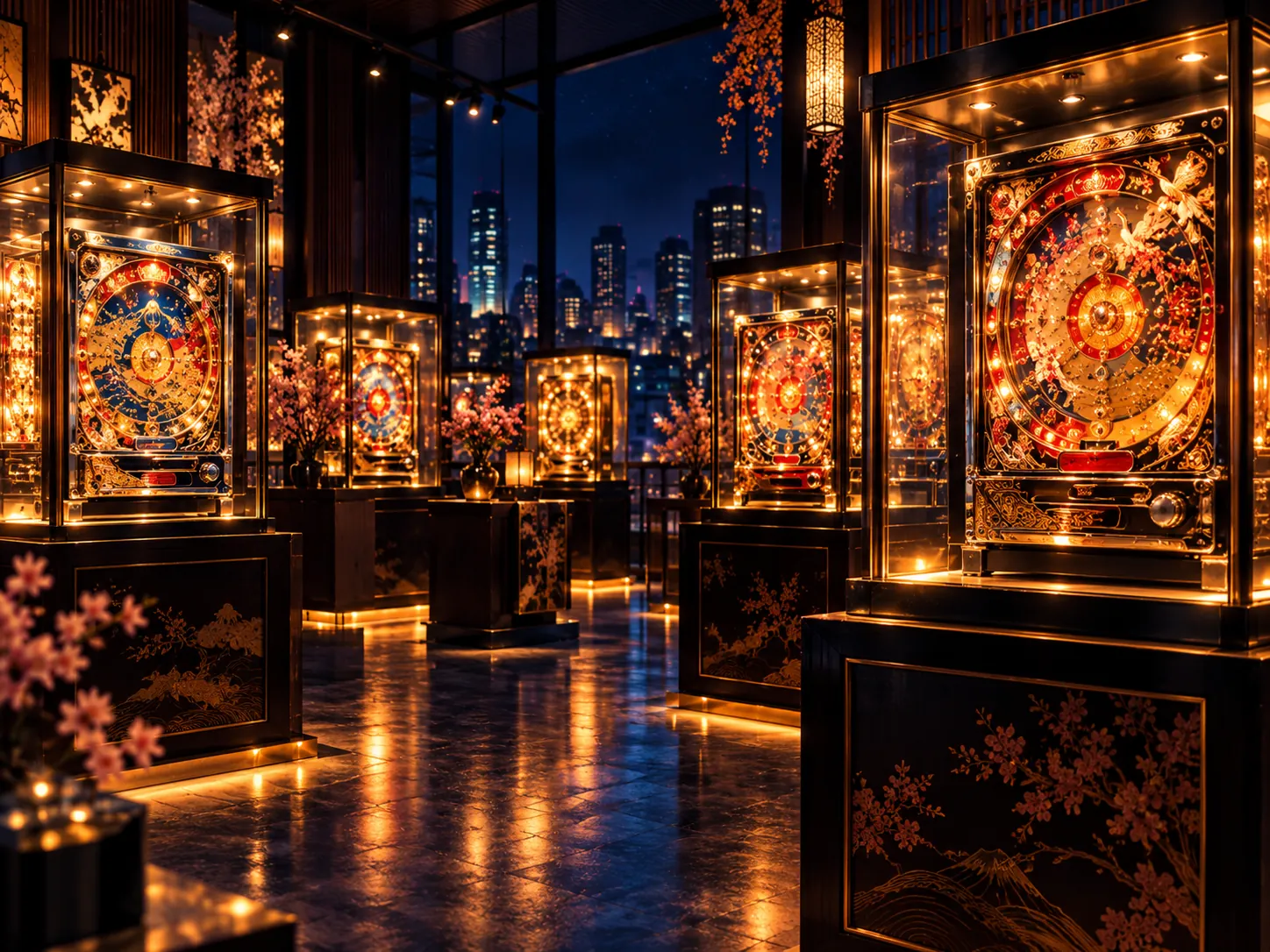 Illustration of pachinko machines in illuminated collector display cabinets