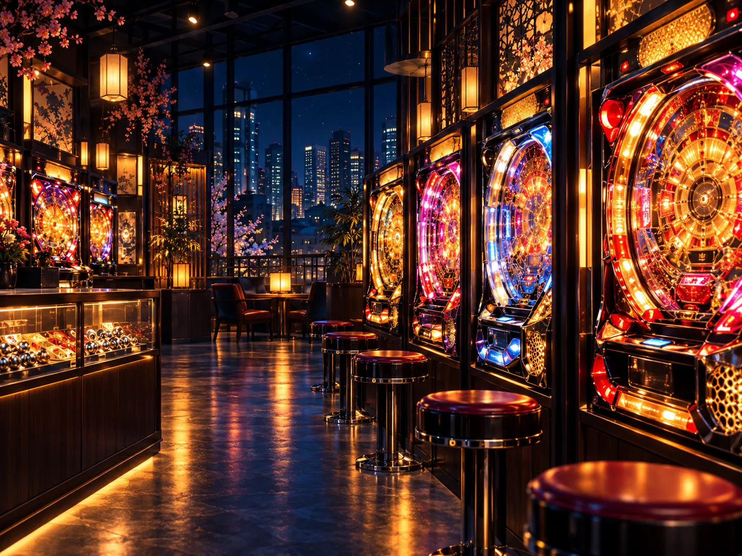 Illustrated modern electronic pachinko machines with colorful illuminated playfields