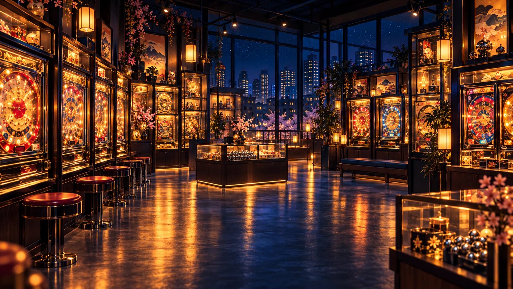 Illustrated nighttime Japanese pachinko collector showroom