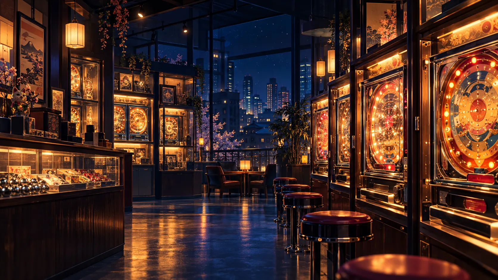 Illustrated nighttime Japanese pachinko collector showroom