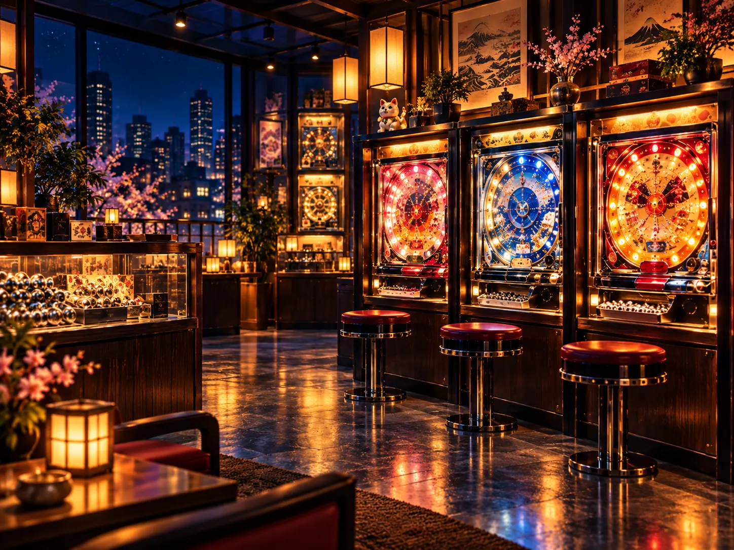 Illustrated approachable home pachinko collection arranged in a small showroom