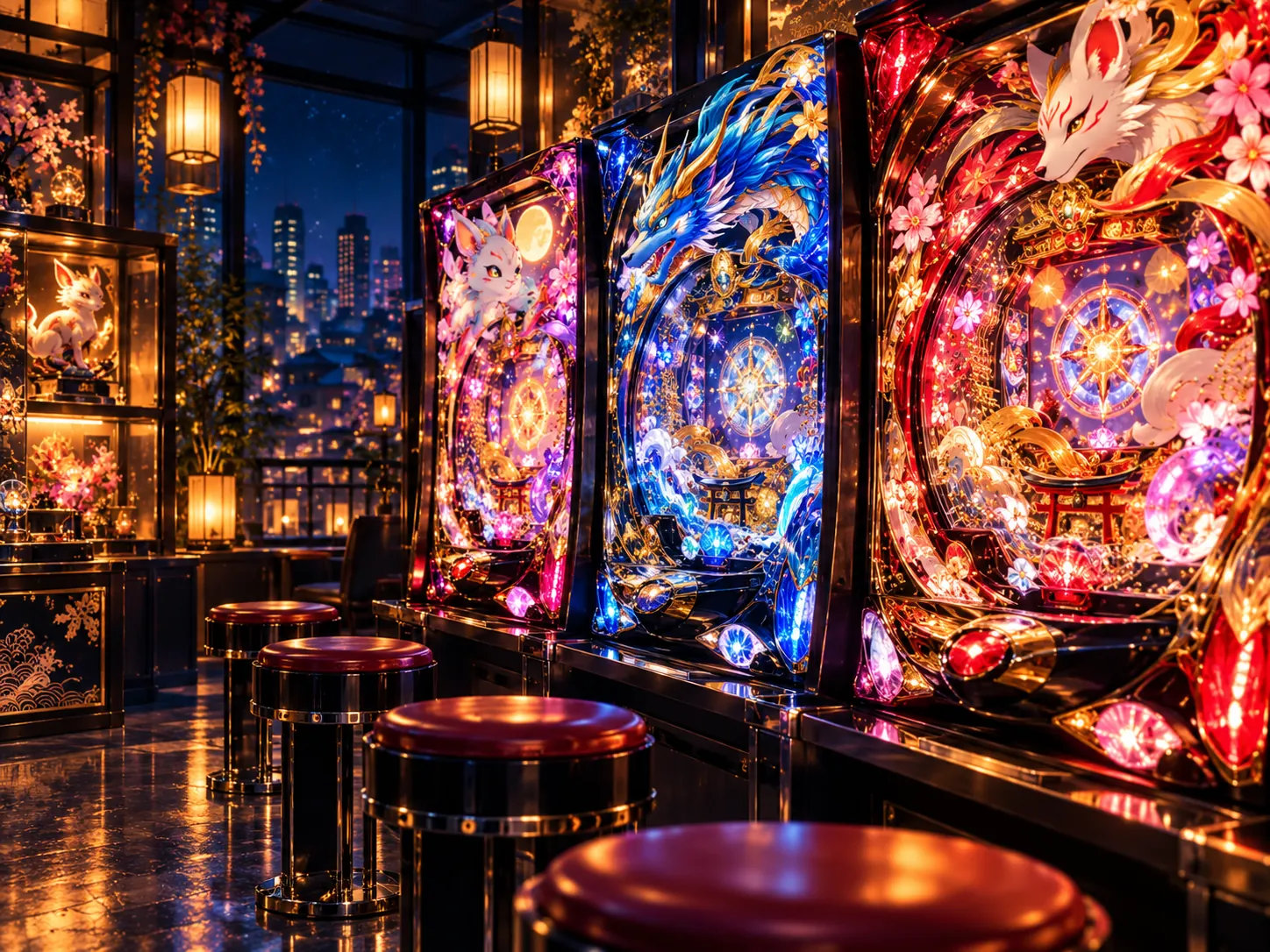Fantasy-themed pachinko machines featuring original fox and dragon artwork