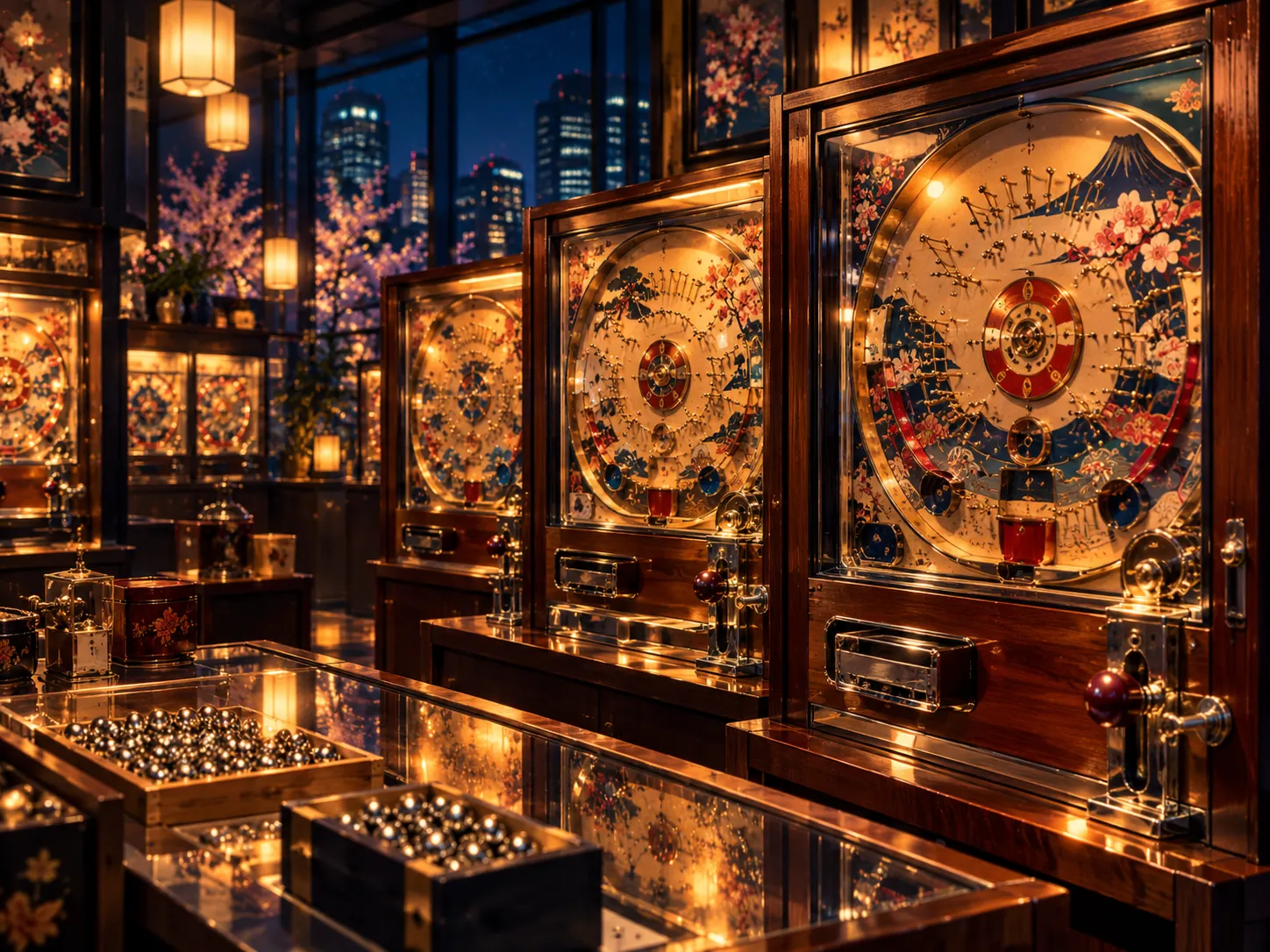 Atmospheric illustration of restored vintage mechanical pachinko machines with wood cabinets, metal pins and steel balls